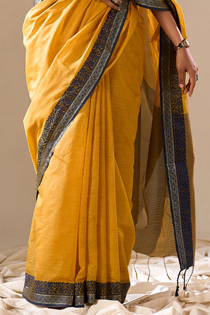 Yellow Linen Cotton Saree With Weaving Work