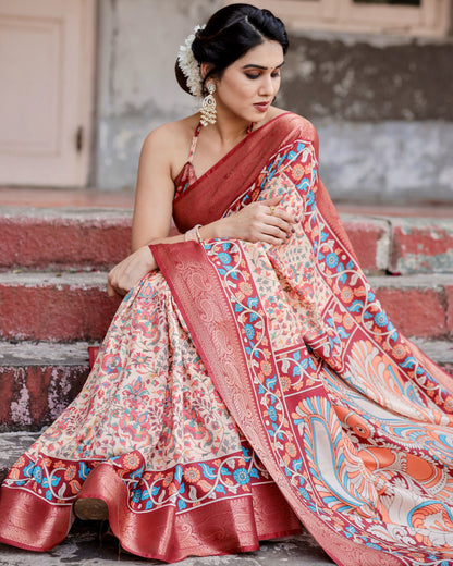 Multi Kalamakari Floral Printed Tussar Silk Saree With Zari Motif Border | Festive Ethnic Wear – JaipurSaaj