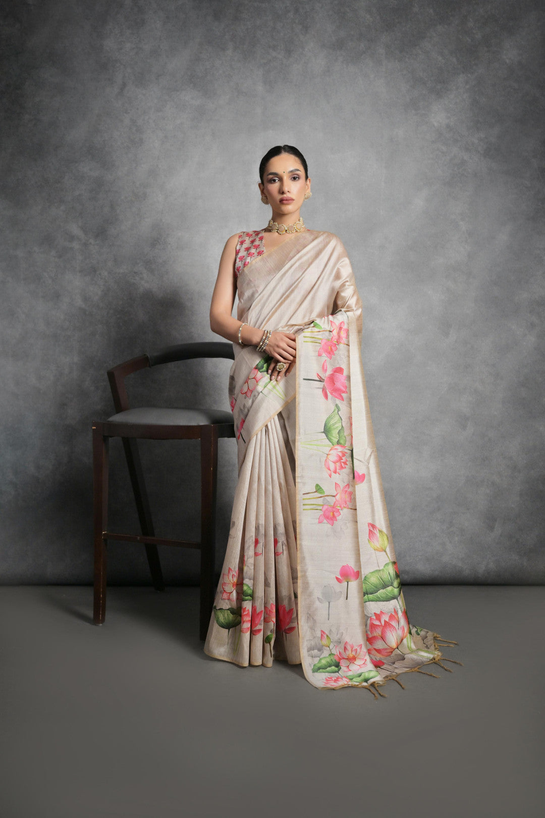 Beige Tussar Silk Saree with Lotus Floral Printed Work | Festive & Party Wear – JaipurSaaj