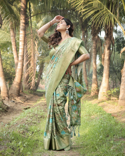 Light Green Digital Printed Tussar Silk Saree With Zari Motif Border | Traditional Casual & Festive Wear – JaipurSaaj