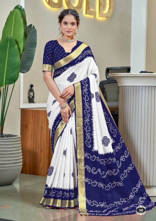 Blue Color Soft Pure Mulmul Cotton Saree With Bandhani Block Print And Zari Weaving Border