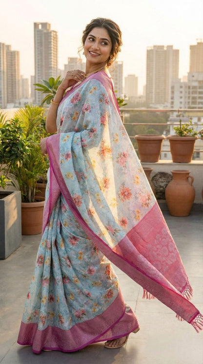 Sky Blue Brasso Silk Saree With Floral Print & Pink Zari Border | Party & Festive Wear – JaipurSaaj