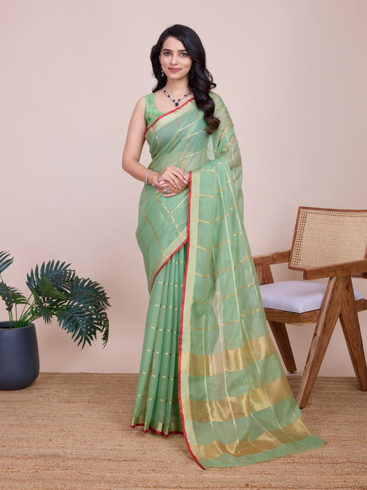 Pista Green Kota Doriya Saree With Zari Weaving Work