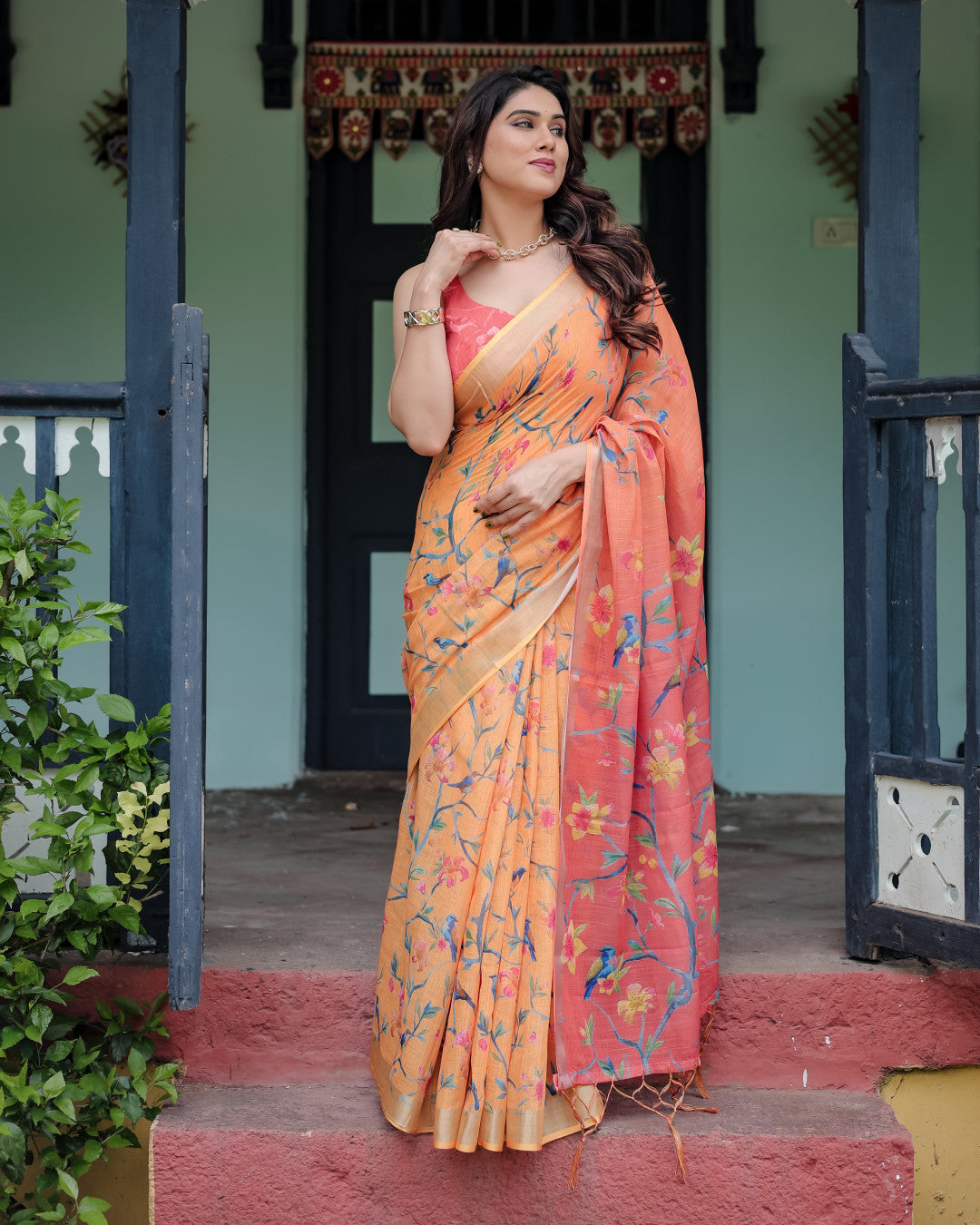 Peach Floral Digital Printed Linen Cotton Saree