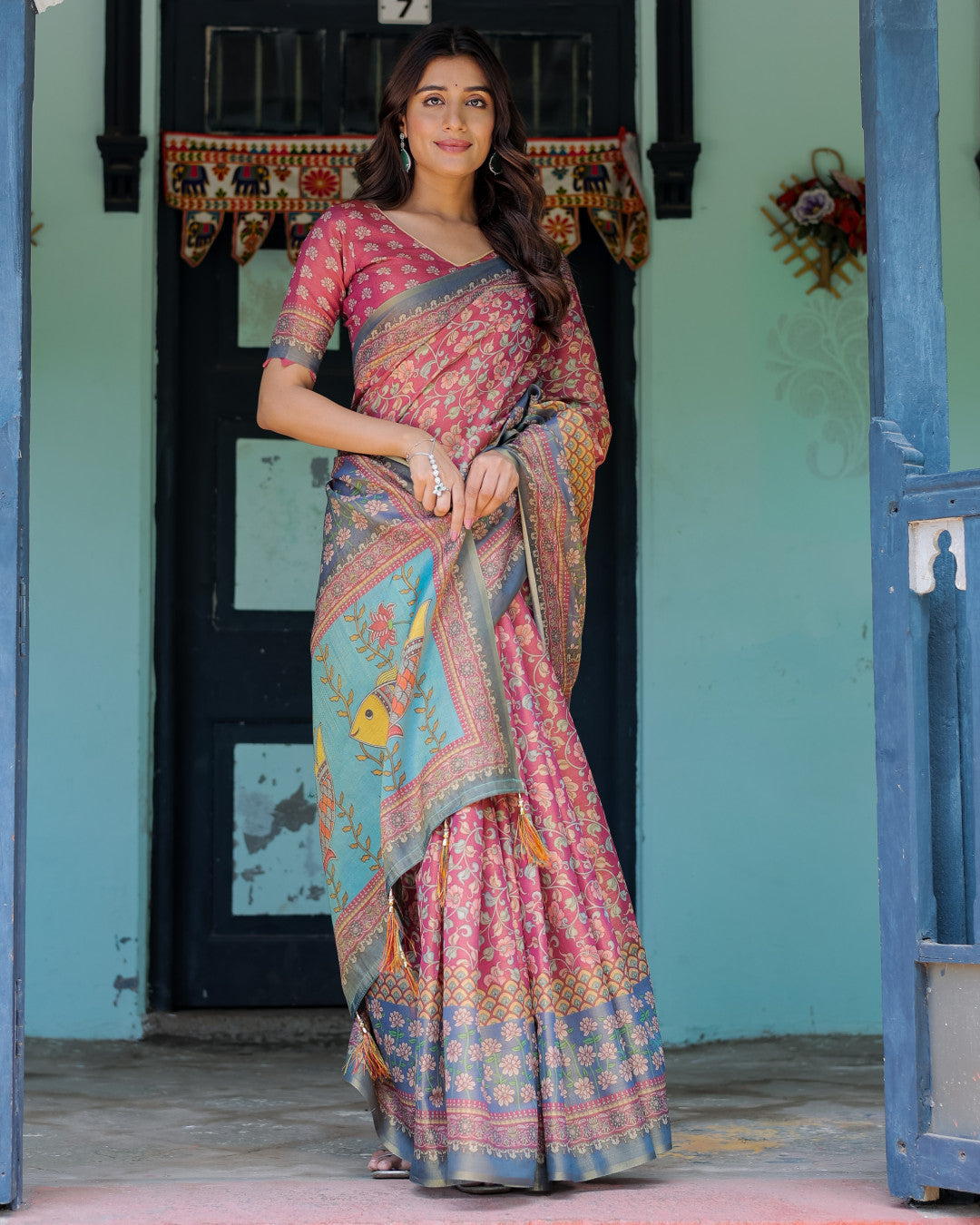 Multi Color Kalamkari Digital Printed Linen Cotton Saree | Summer Casual & Ethnic Wear – JaipurSaaj