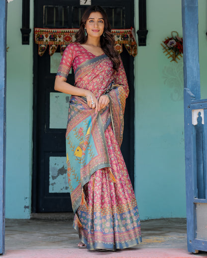 Multi Color Kalamkari Digital Printed Linen Cotton Saree | Summer Casual & Ethnic Wear – JaipurSaaj