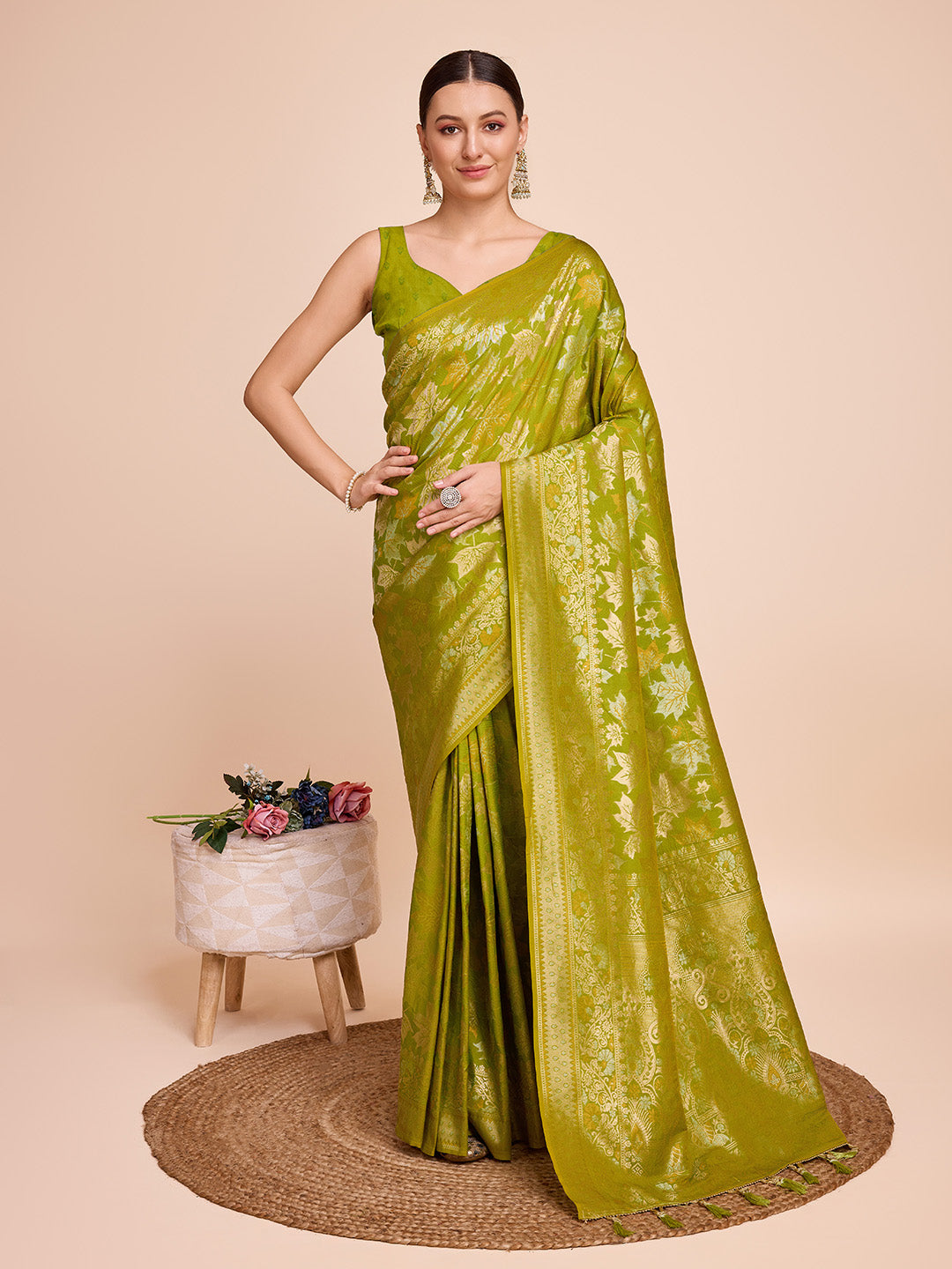 Golden & Copper Zari Weaving With Mahendi Green Soft Silk Banarasi Saree | Party & Wedding Wear - JaipurSaaj