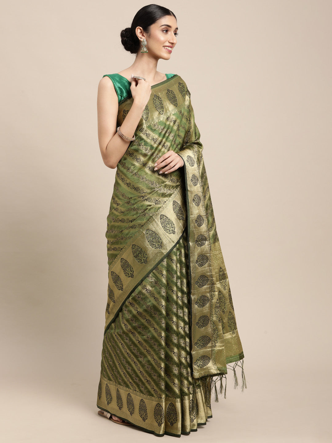 Green Organza Silk Saree With Zari Weaving Work