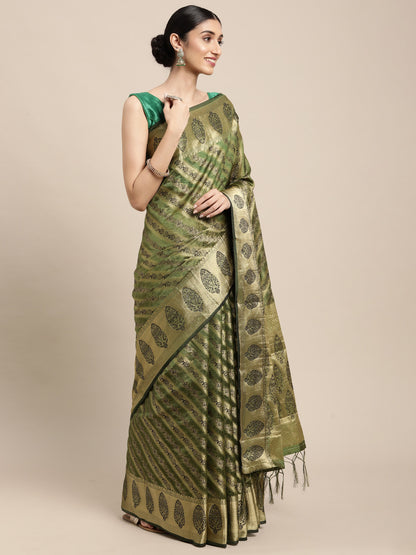 Green Organza Silk Saree With Zari Weaving Work