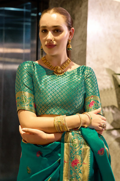 Traditional Rama Green Paithani Silk Saree With Zari Weaving Work