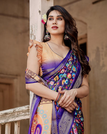 Multi Kalamakari Floral Printed Tussar Silk Saree With Zari Motif Border | Festive Ethnic Wear – JaipurSaaj