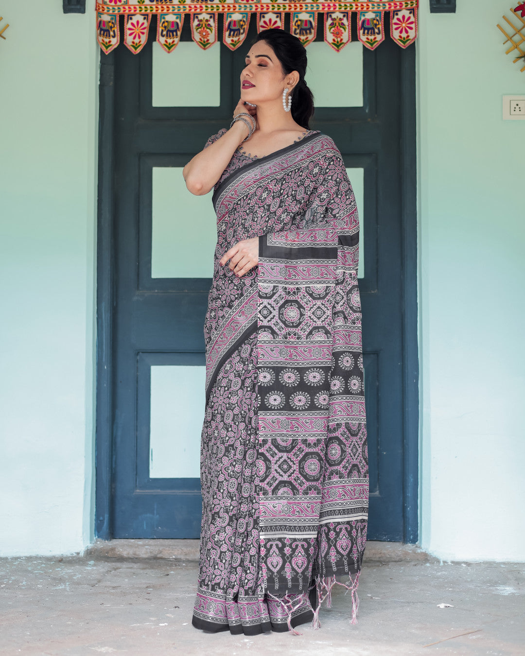 Black Soft Linen Cotton Saree With Ajarakh Digital Printed Work