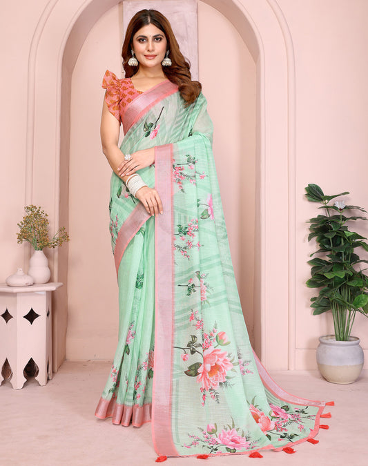 Pista Green Linen Cotton Saree With Digital Printed Work And Silver Zari Border