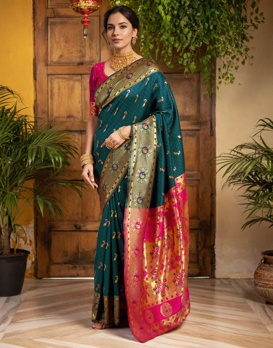 Traditional Morpeach Paithani Silk Saree With Zari Weaving Work