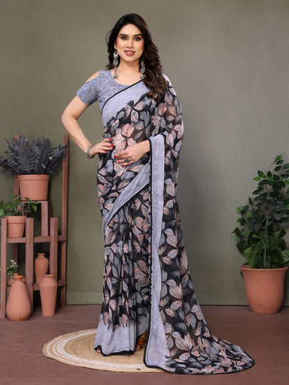 Gray Soft Chiffon Saree With Printed Work And Lace Border