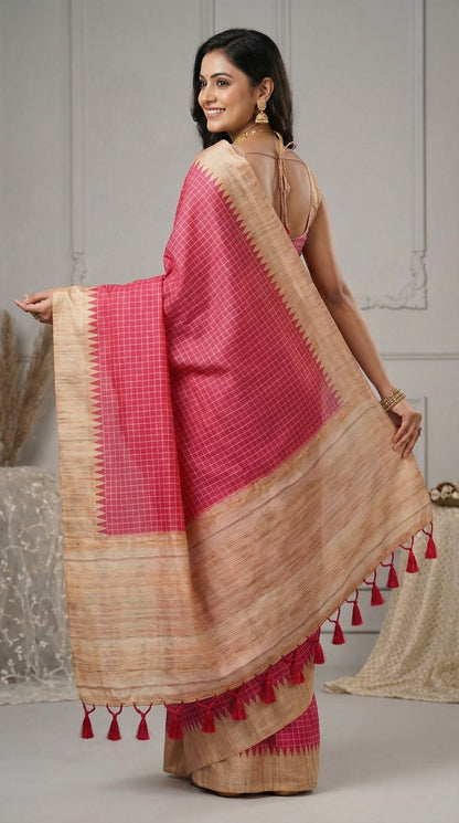 Rani Pink Tussar Silk Saree With Checks Weaving Work | Office & Festive Wear – JaipurSaaj