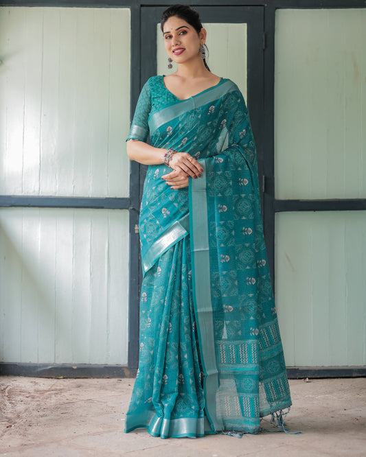 Rama Green Soft Linen Cotton Saree With Digital Printed Work