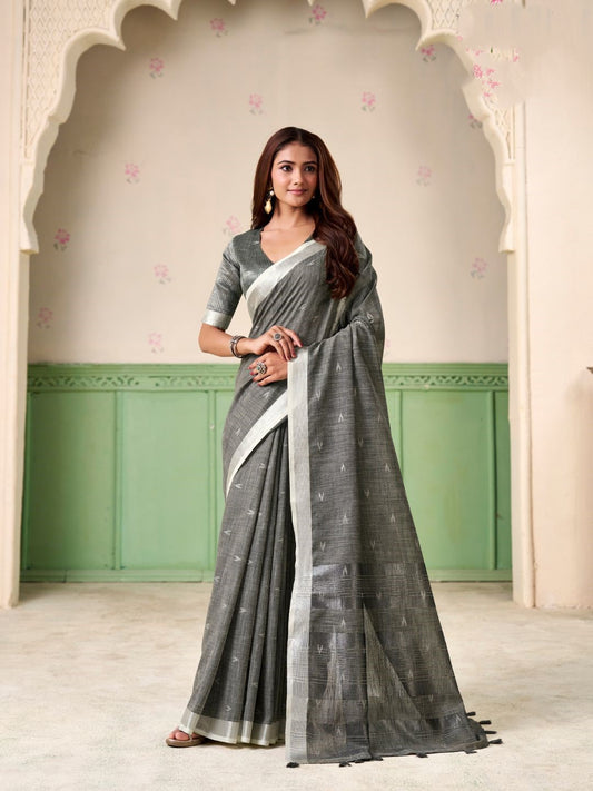 Woman wearing gray linen silk saree with thread woven butti design full front view