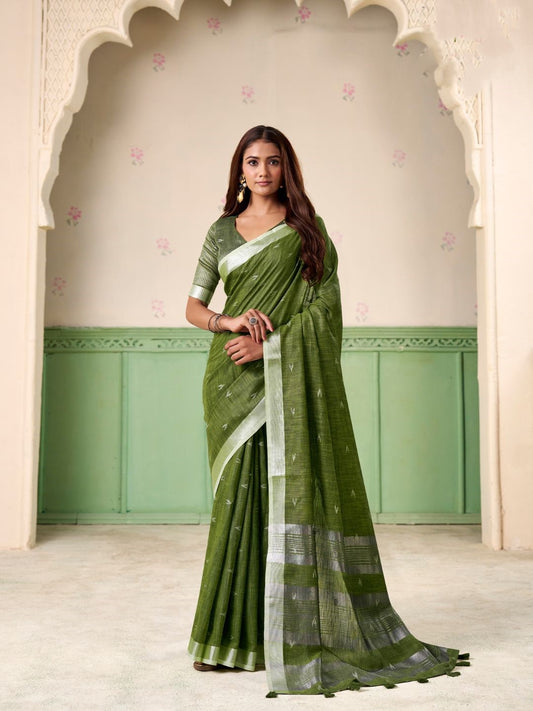 Woman wearing green linen silk saree with thread woven butti design full front view
