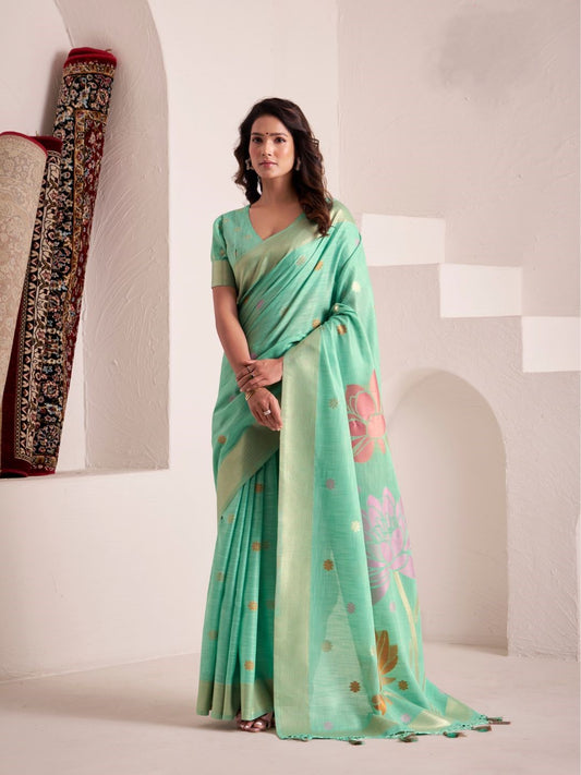 Woman wearing green soft linen silk saree with jacquard weaving pallu full front view