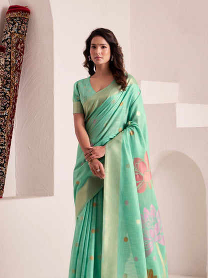 Side view of green soft linen silk saree with jacquard weaving pallu showcasing graceful drape