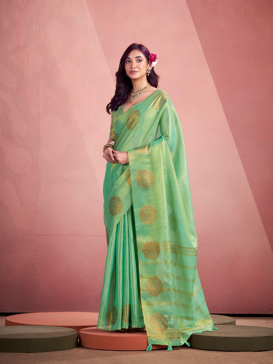 Full length view of green tissue silk saree with fancy zari butta perfect for wedding and festive wear