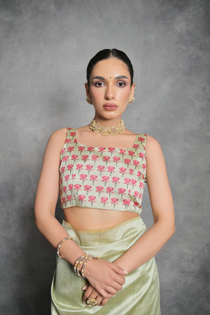 Pista Green Tussar Silk Saree with Lotus Floral Printed Work | Festive & Party Wear – JaipurSaaj