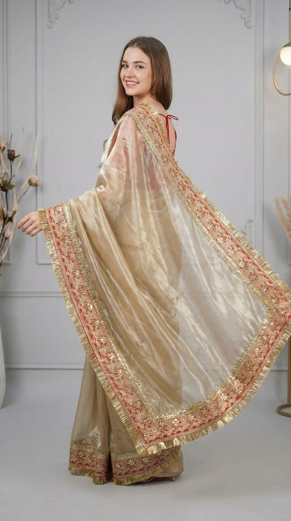 Beige Fancy Space Silk Saree With Embroidered Sequin Lace Border | Party & Wedding Wear – JaipurSaaj