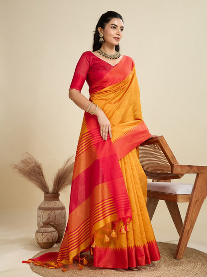 Orange Color Khadi Raw Silk Saree With Zari Lining Pallu With Tample Border