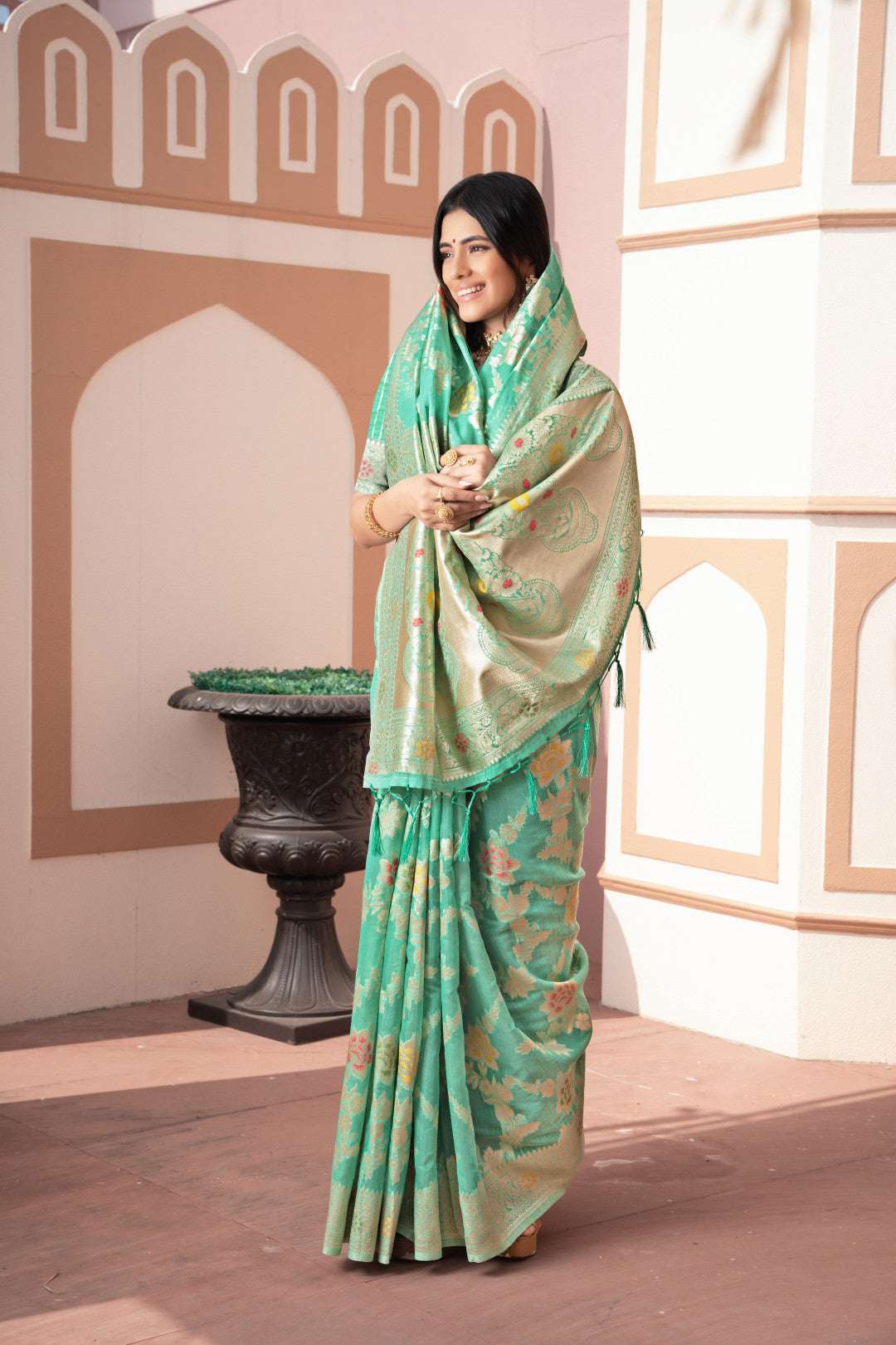 Sea Green Banarasi Cotton Silk Saree With Zari Woven Work