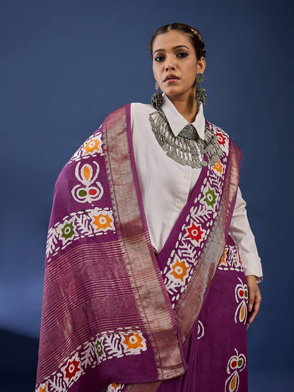 Magenta Soft Pure Cotton Silk Saree With Hand Batik Print Work | Casual & Ethnic Wear – JaipurSaaj