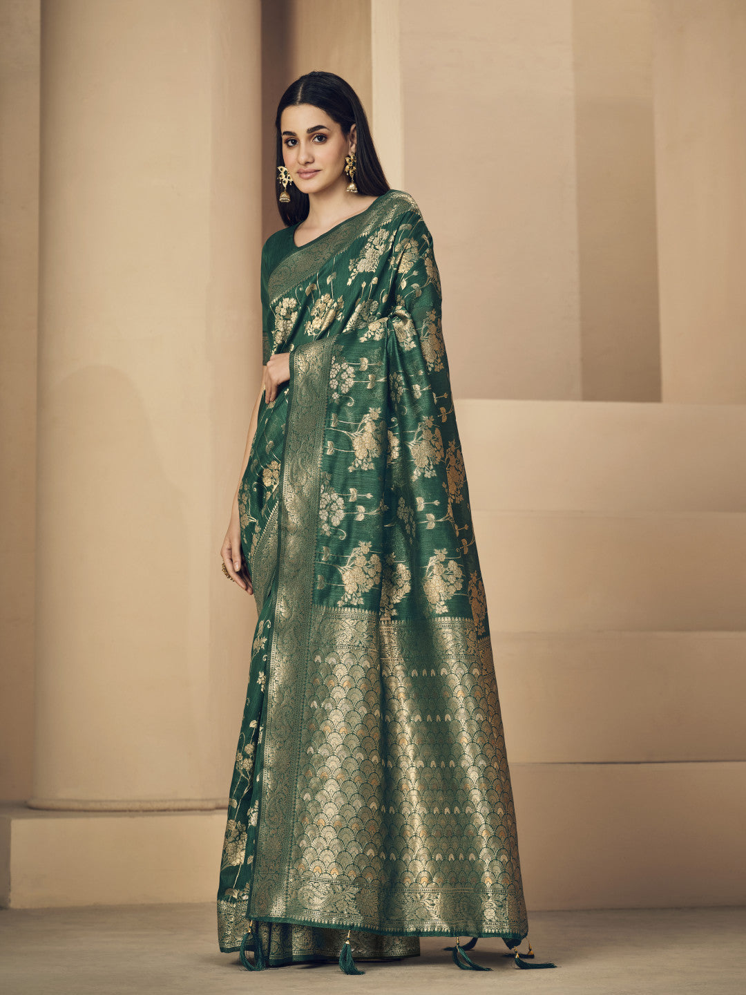 Green Soft Linen Silk Saree With Zari Weaving Work
