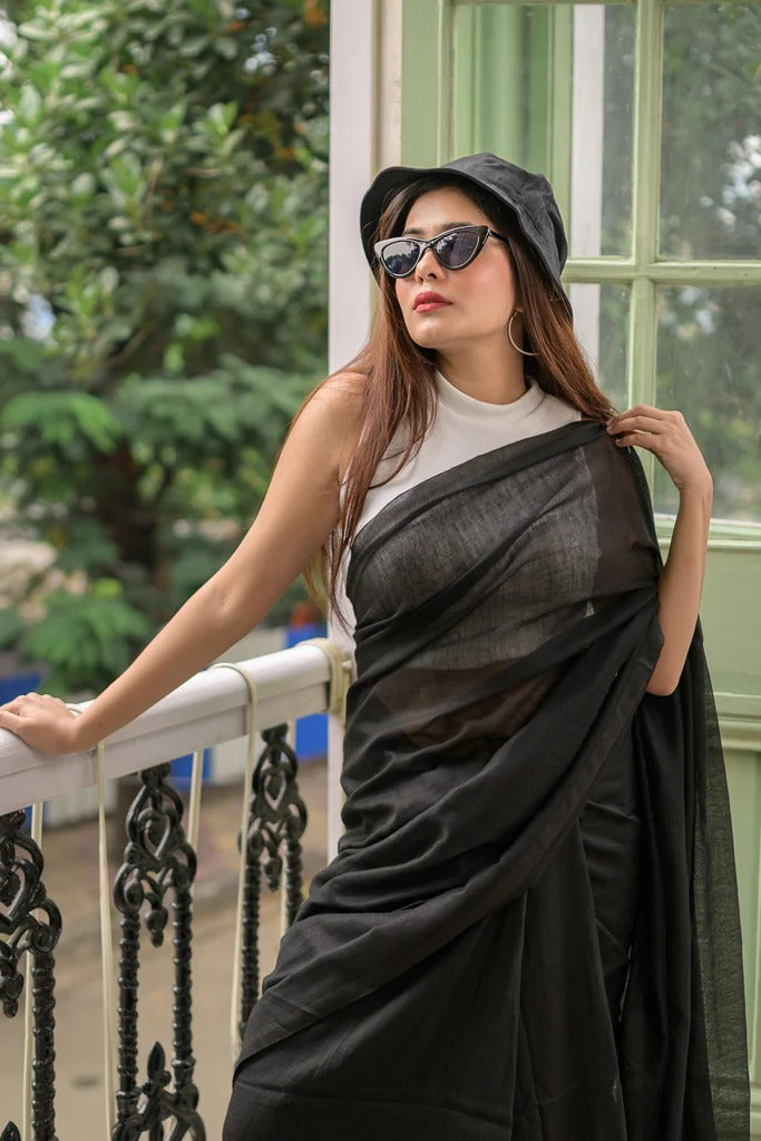 Black Plain Khadi Cotton Saree With Fancy Tassel Work