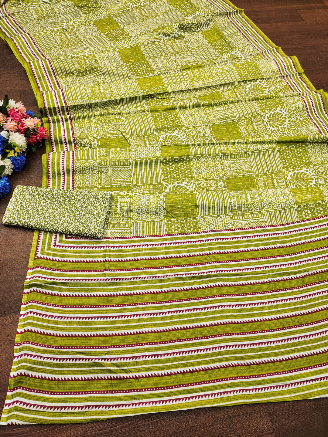 Green Soft Pure Cotton Silk Saree With Bagru Print Work | Casual Ethnic & Office Wear – JaipurSaaj