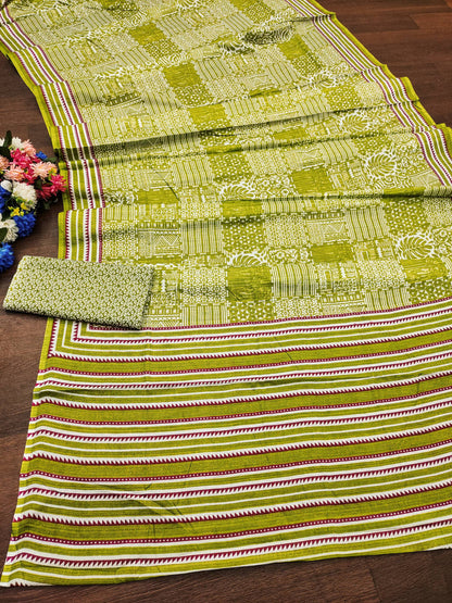 Green Soft Pure Cotton Silk Saree With Bagru Print Work | Casual Ethnic & Office Wear – JaipurSaaj