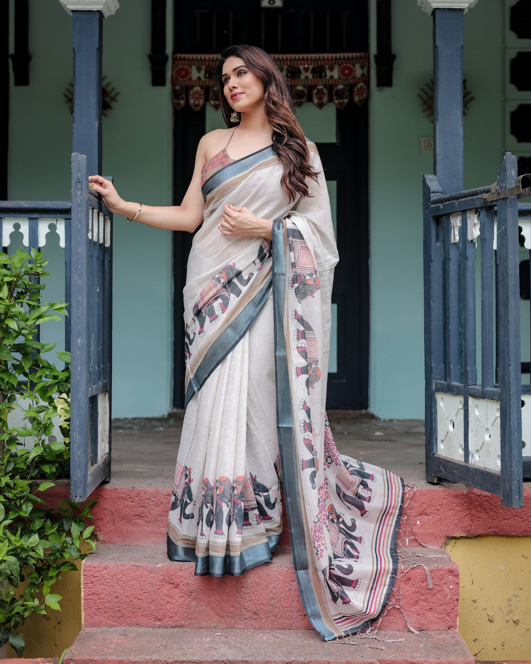 Off White Floral Digital Printed Linen Cotton Saree