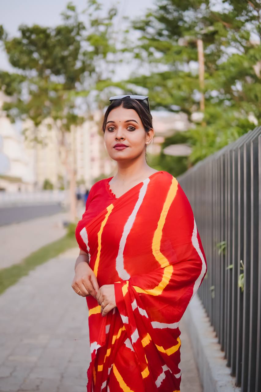 Red Soft Chinon Silk Saree With Shibori Printed Work | Casual & Festive Wear – JaipurSaaj