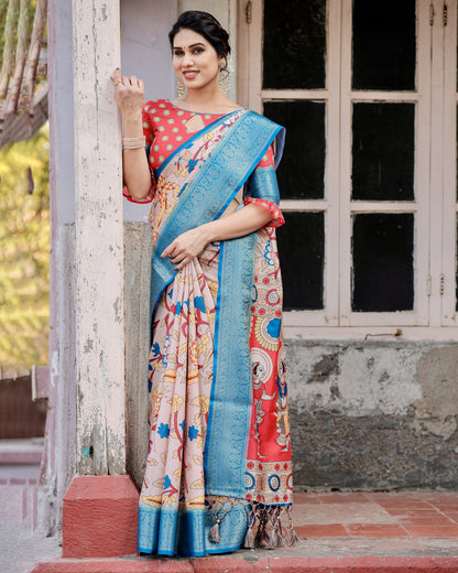 Multi Kalamakari Floral Printed Tussar Silk Saree With Zari Motif Border | Festive Ethnic Wear – JaipurSaaj