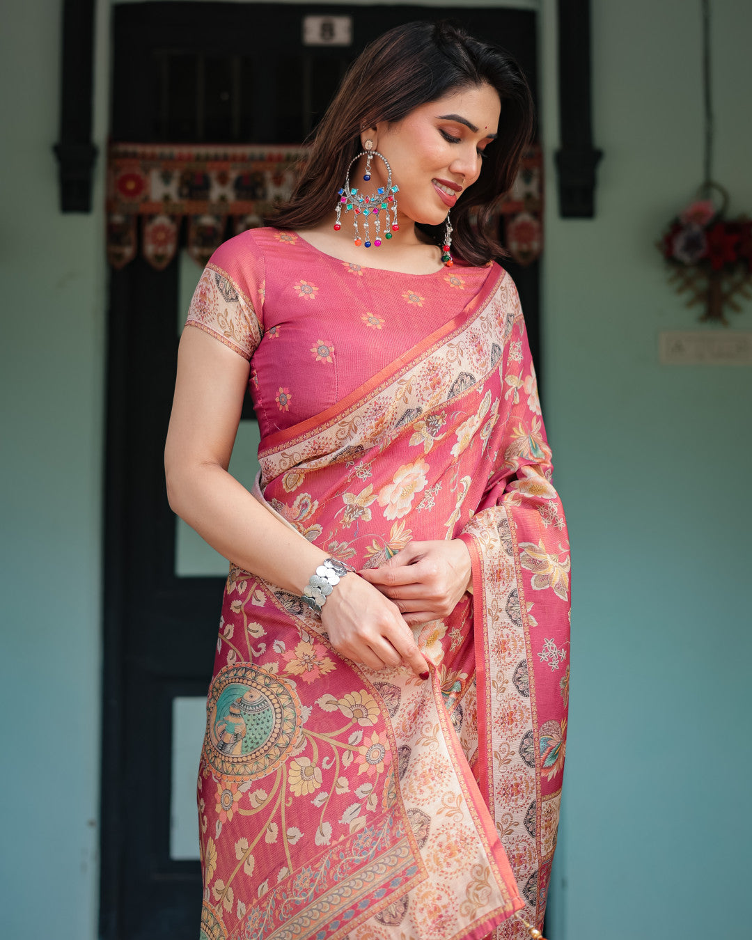 Gajari Soft Linen Cotton Saree With Kalamkari Printed Work