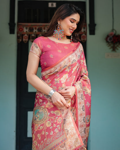 Gajari Soft Linen Cotton Saree With Kalamkari Printed Work