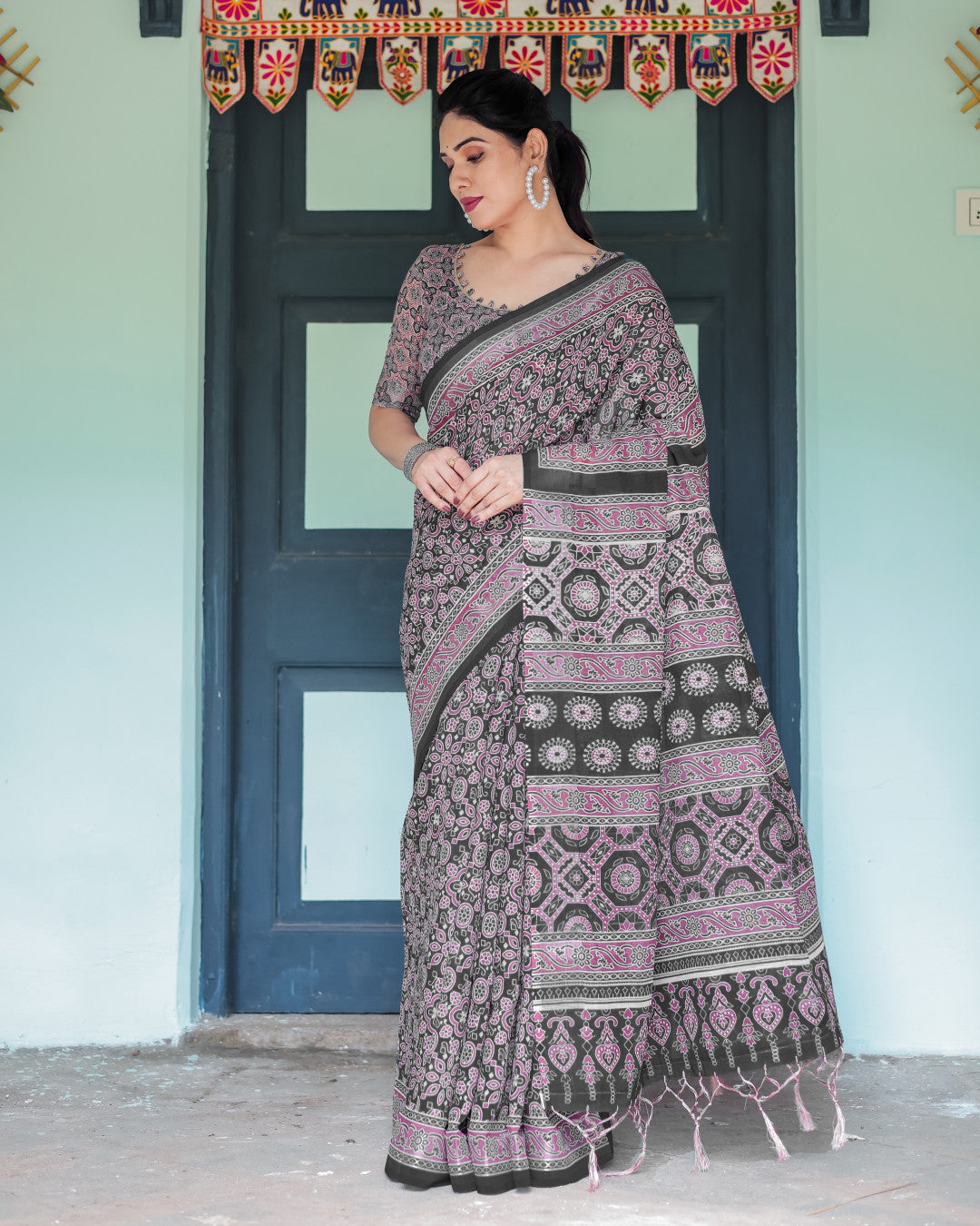 Black Soft Linen Cotton Saree With Ajarakh Digital Printed Work