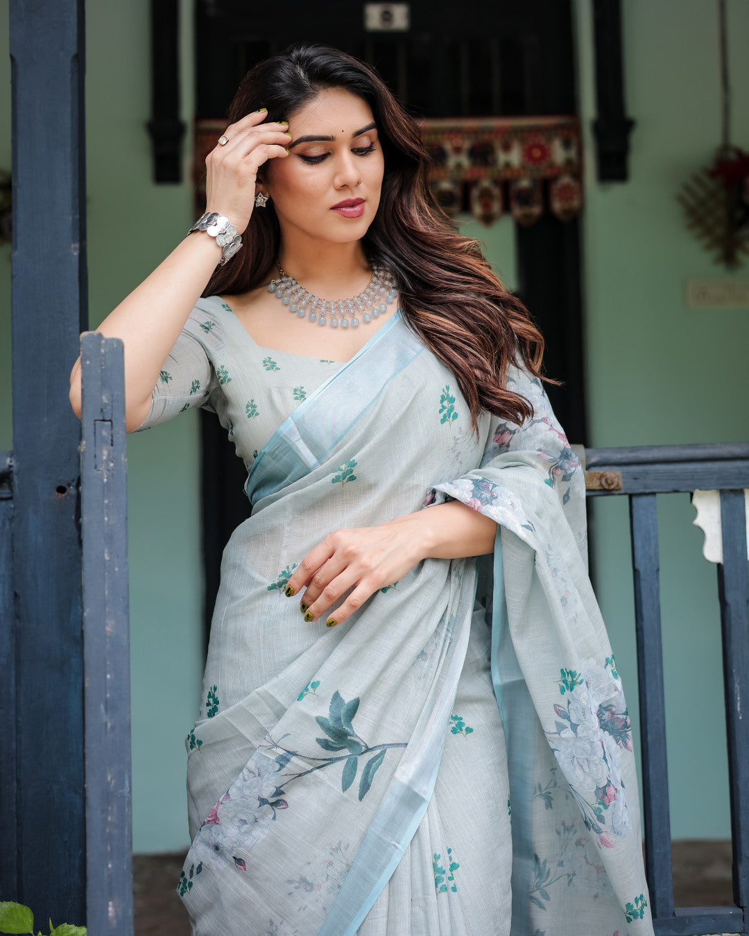 Pastel Green Floral Digital Printed Linen Cotton Saree | Office & Casual Ethnic Wear – JaipurSaaj