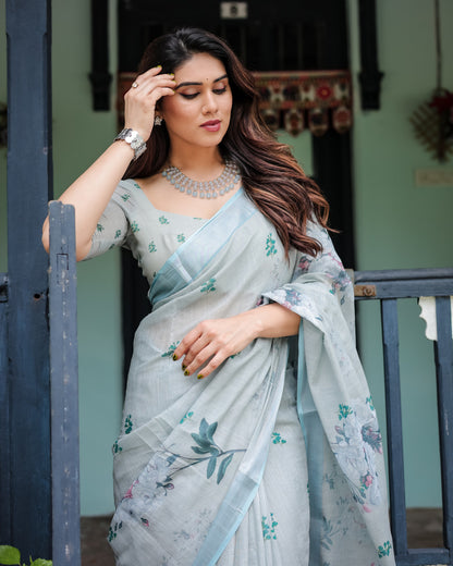 Pastel Green Floral Digital Printed Linen Cotton Saree | Office & Casual Ethnic Wear – JaipurSaaj
