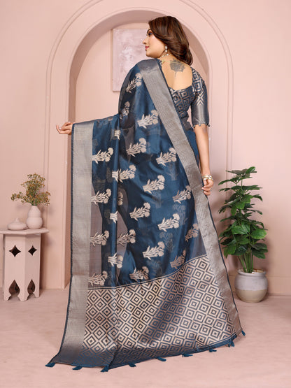 Navy Blue Organza Silk Banarasi Saree With Zari Weaving Work | Wedding & Festive Wear – JaipurSaaj