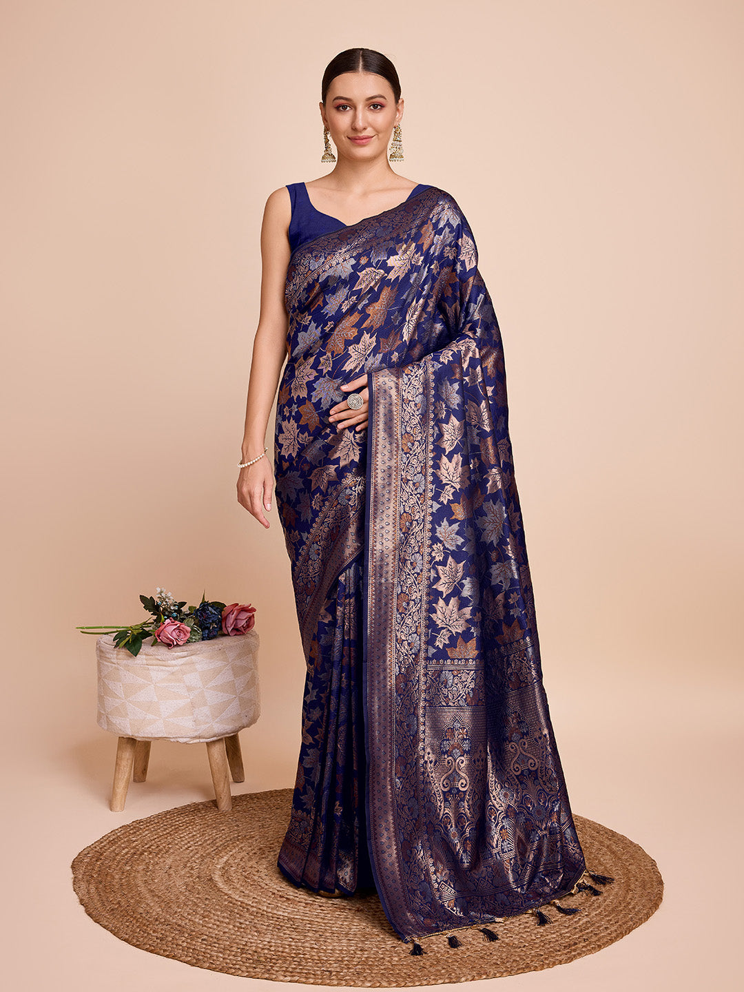 Golden & Copper Zari Weaving With Navy Blue Soft Silk Banarasi Saree | Party & Wedding Wear - JaipurSaaj