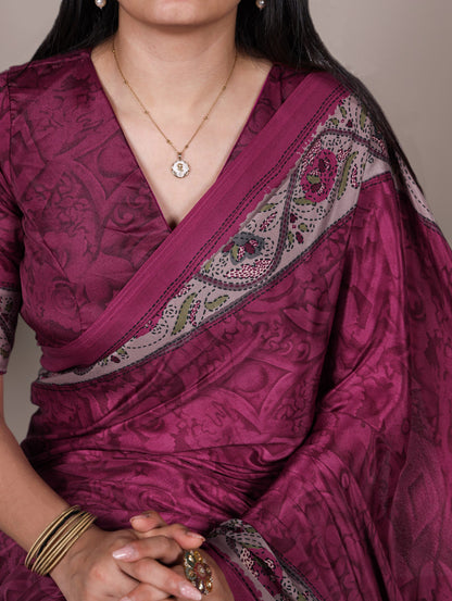 Magenta Crepe Silk Saree with Digital Print & Kalamkari Pallu | Designer Festive Ethnic Wear – JaipurSaaj