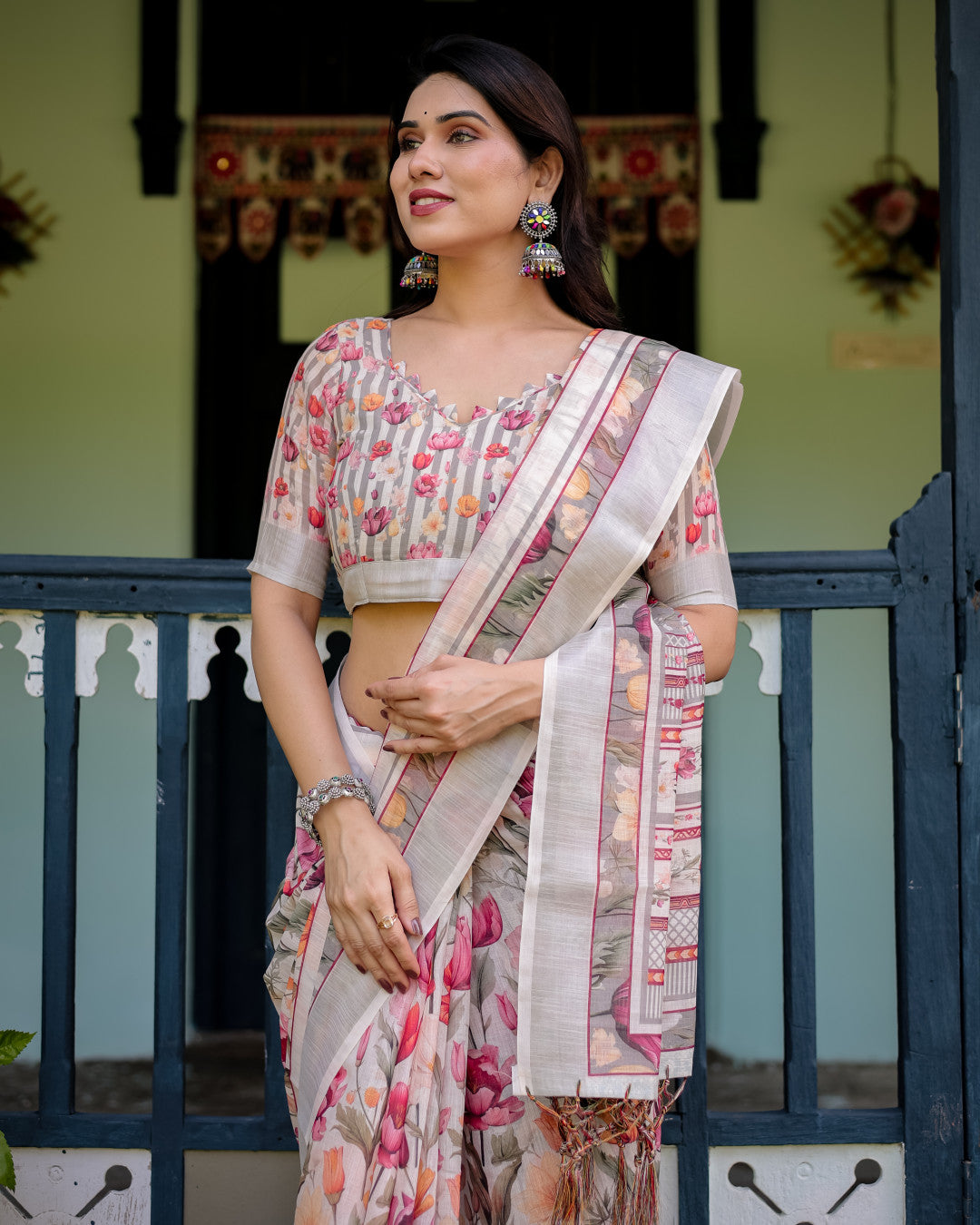 Multi Color Digital Printed Linen Cotton Saree | Summer Special Casual & Office Wear – JaipurSaaj