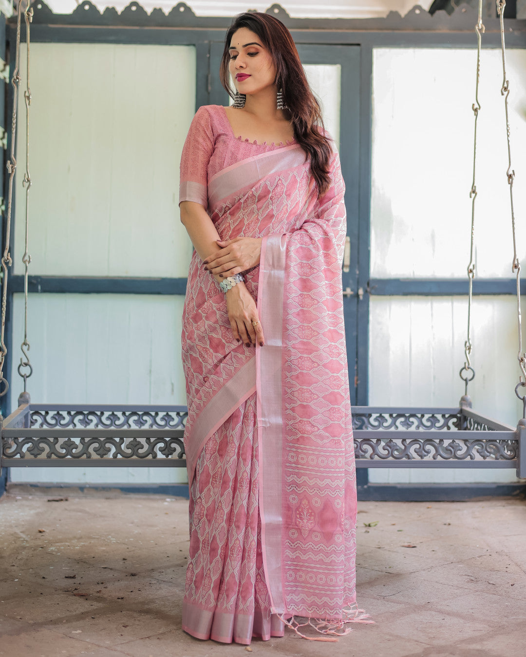 Baby Pink Summer Special Digital Printed Linen Cotton Saree
