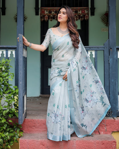 Pastel Green Floral Digital Printed Linen Cotton Saree | Office & Casual Ethnic Wear – JaipurSaaj