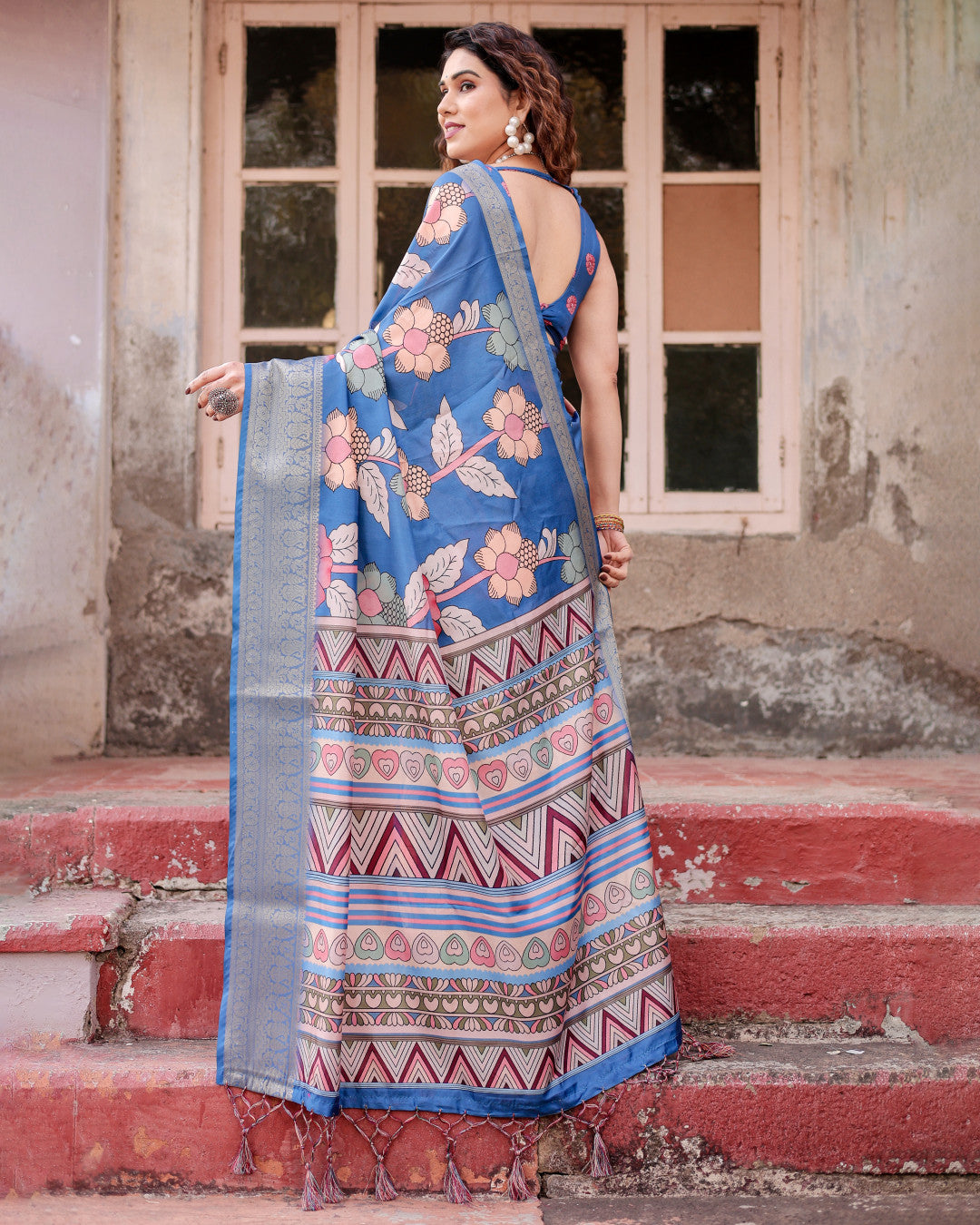 Blue Tussar Silk Saree With Digital Kalamkari Print & Zari Motif Border | Casual & Festive Wear – JaipurSaaj
